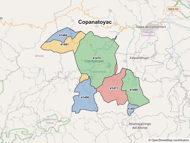 Mapa de códigos postales de Copanatoyac, Guerrero