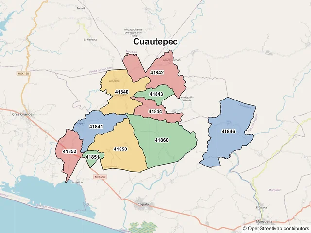Mapa de códigos postales de Cuautepec, Guerrero