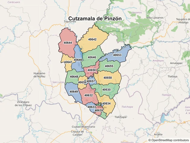 Mapa de códigos postales de Cutzamala de Pinzón, Guerrero