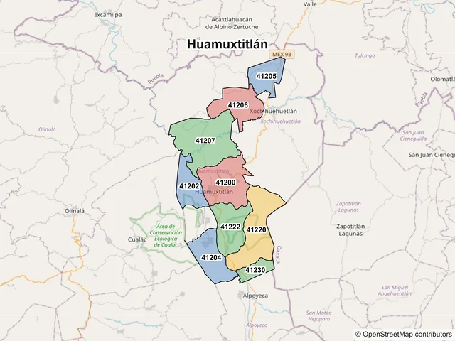 Mapa de códigos postales de Huamuxtitlán, Guerrero