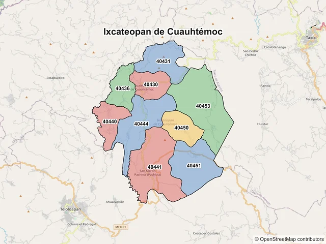 Mapa de códigos postales de Ixcateopan de Cuauhtémoc, Guerrero