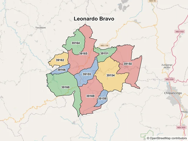 Mapa de códigos postales de Leonardo Bravo, Guerrero