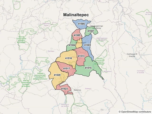 Mapa de códigos postales de Malinaltepec, Guerrero