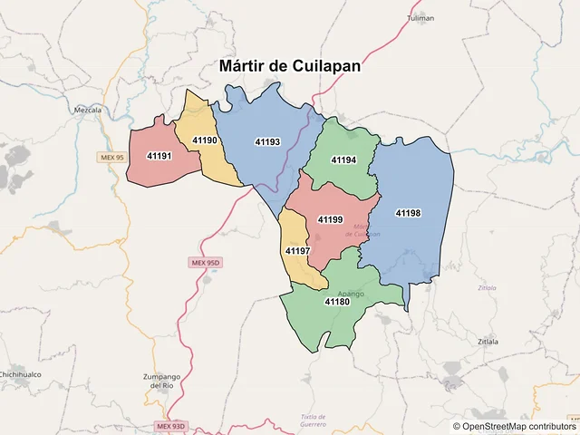 Mapa de códigos postales de Mártir de Cuilapan, Guerrero