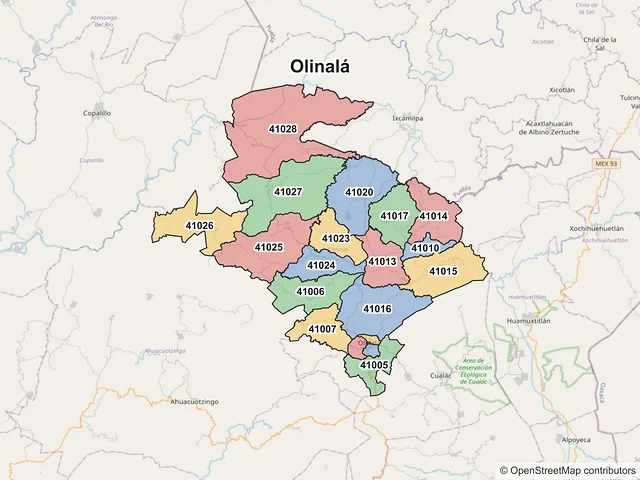 Mapa de códigos postales de Olinalá, Guerrero