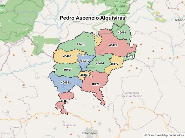 Mapa de códigos postales de Pedro Ascencio Alquisiras, Guerrero