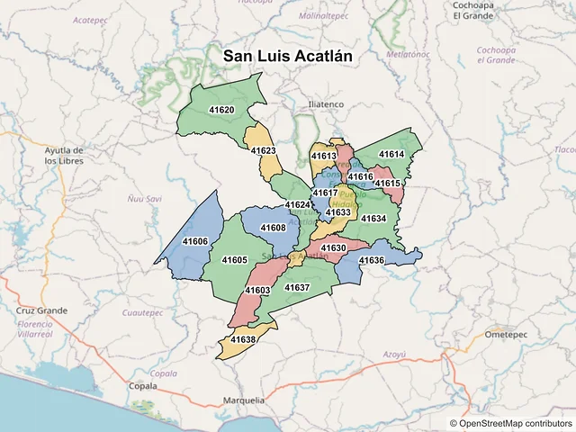 Mapa de códigos postales de San Luis Acatlán, Guerrero