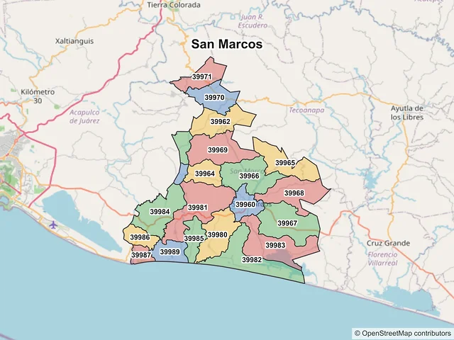 Mapa de códigos postales de San Marcos, Guerrero