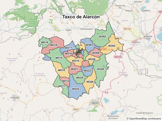 Mapa de códigos postales de Taxco de Alarcón, Guerrero
