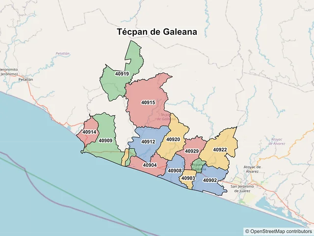 Mapa de códigos postales de Técpan de Galeana, Guerrero