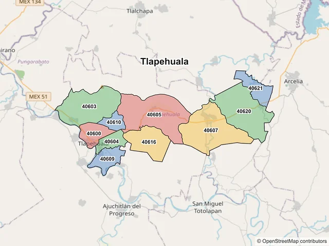 Mapa de códigos postales de Tlapehuala, Guerrero