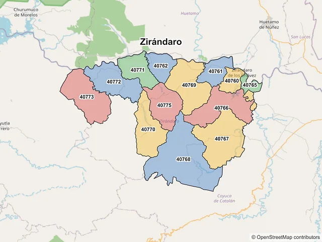Mapa de códigos postales de Zirándaro, Guerrero