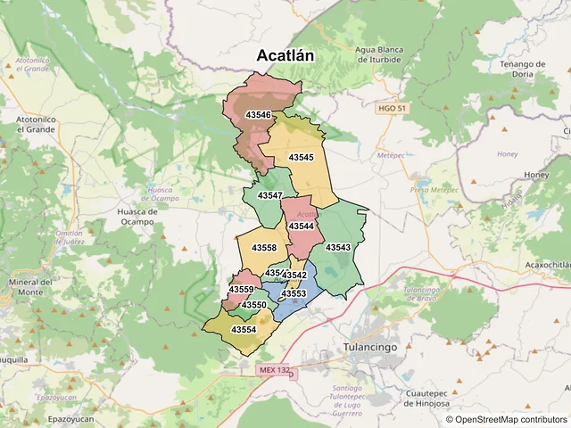 Mapa de códigos postales de Acatlán, Hidalgo
