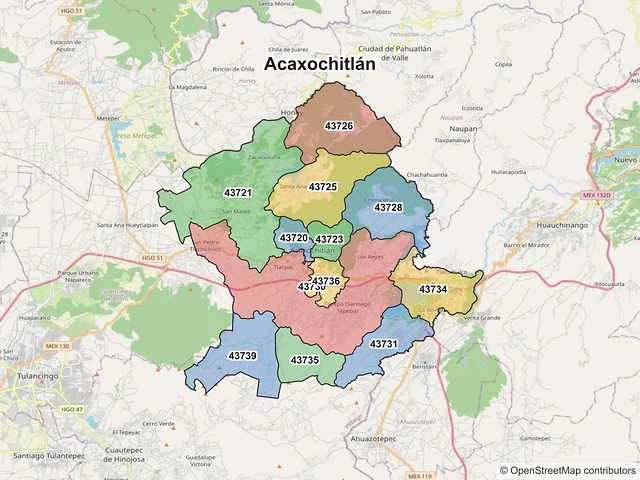 Mapa de códigos postales de Acaxochitlán, Hidalgo