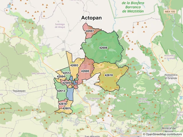 Mapa de códigos postales de Actopan, Hidalgo