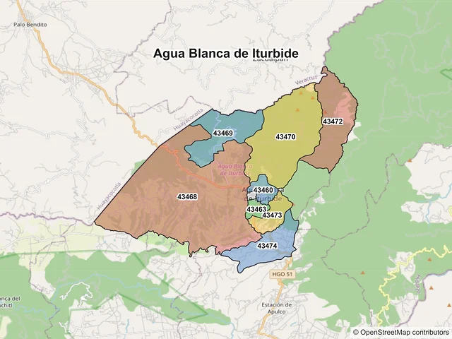 Mapa de códigos postales de Agua Blanca de Iturbide, Hidalgo