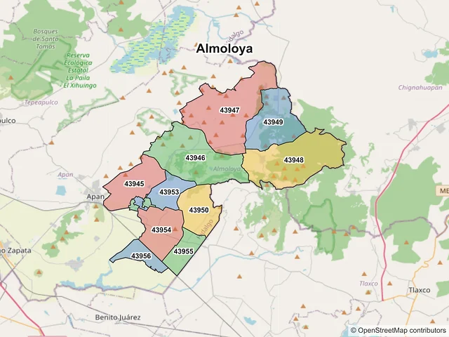 Mapa de códigos postales de Almoloya, Hidalgo