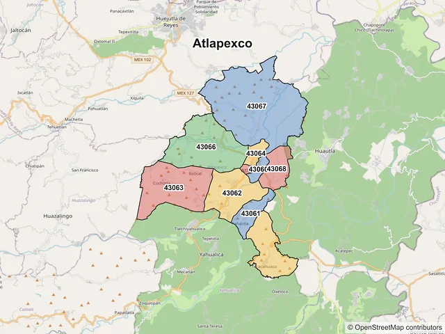 Mapa de códigos postales de Atlapexco, Hidalgo