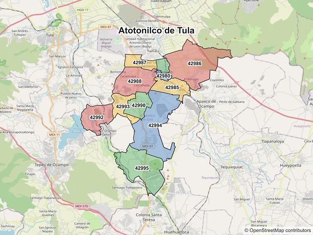 Mapa de códigos postales de Atotonilco de Tula, Hidalgo