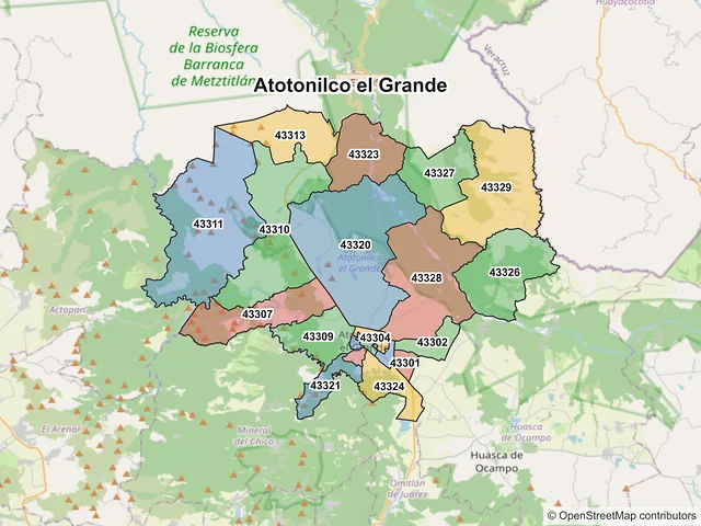 Mapa de códigos postales de Atotonilco el Grande, Hidalgo
