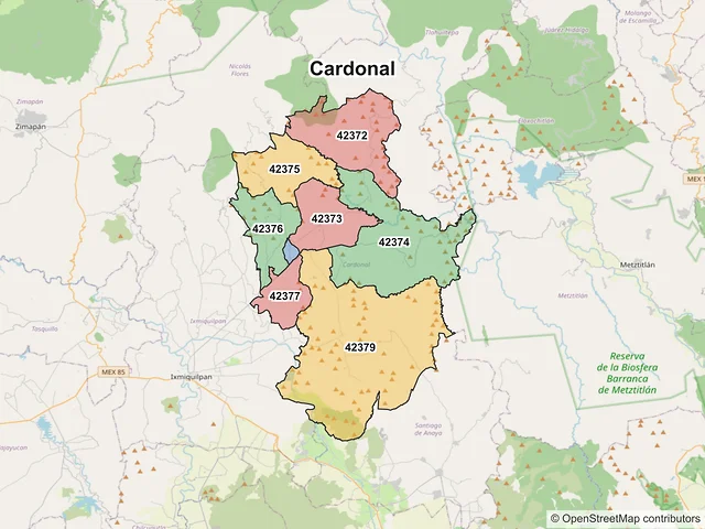 Mapa de códigos postales de Cardonal, Hidalgo