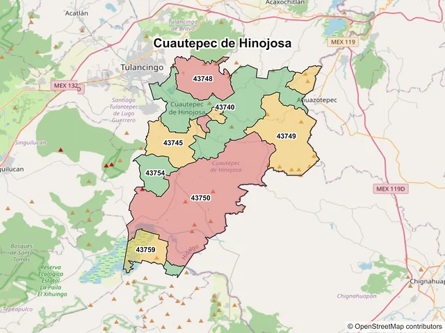 Mapa de códigos postales de Cuautepec de Hinojosa, Hidalgo