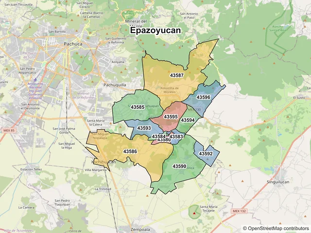 Mapa de códigos postales de Epazoyucan, Hidalgo