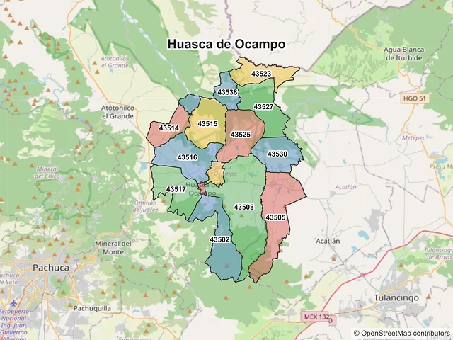 Mapa de códigos postales de Huasca de Ocampo, Hidalgo