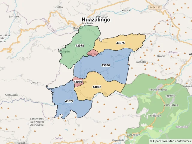 Mapa de códigos postales de Huazalingo, Hidalgo