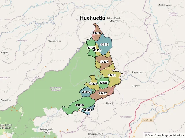 Mapa de códigos postales de Huehuetla, Hidalgo