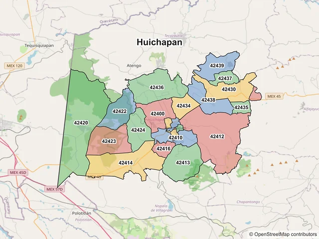 Mapa de códigos postales de Huichapan, Hidalgo
