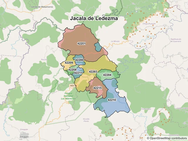 Mapa de códigos postales de Jacala de Ledezma, Hidalgo