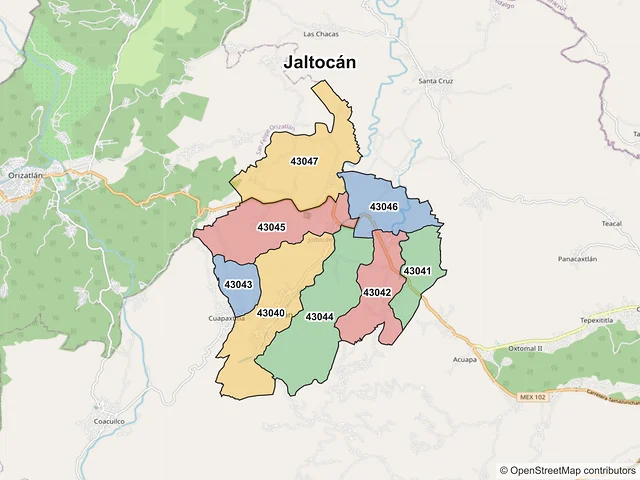 Mapa de códigos postales de Jaltocán, Hidalgo