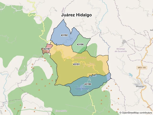 Mapa de códigos postales de Juárez Hidalgo, Hidalgo