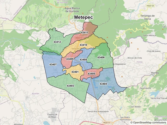 Mapa de códigos postales de Metepec, Hidalgo
