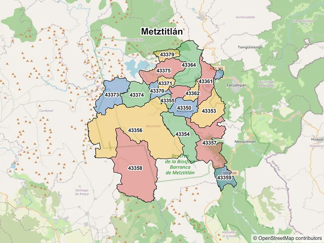 Mapa de códigos postales de Metztitlán, Hidalgo