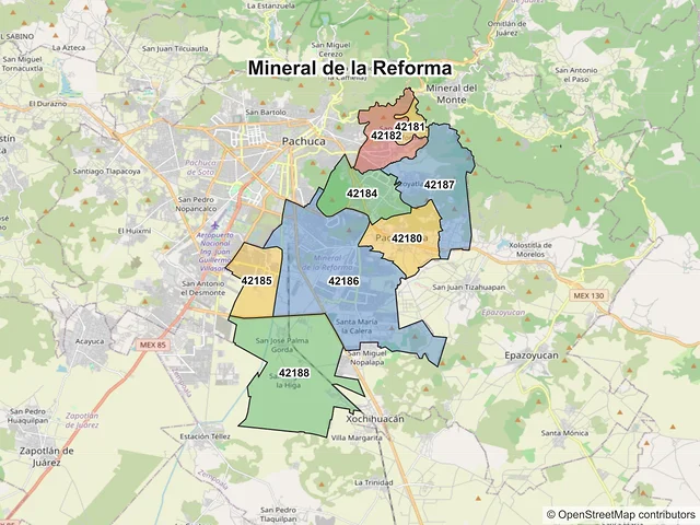 Mapa de códigos postales de Mineral de la Reforma, Hidalgo