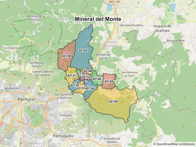 Mapa de códigos postales de Mineral del Monte, Hidalgo