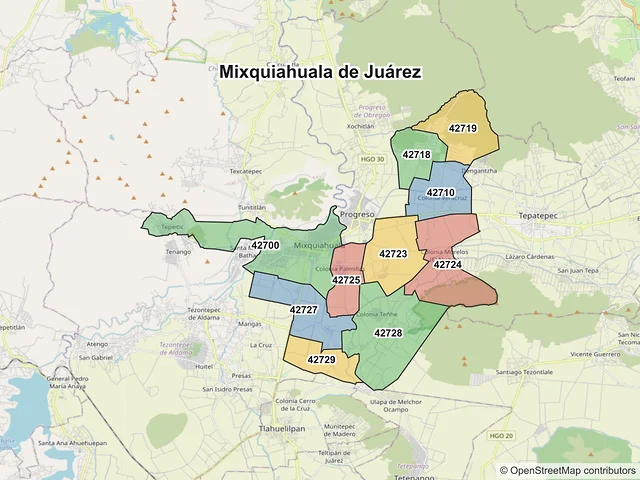 Mapa de códigos postales de Mixquiahuala de Juárez, Hidalgo