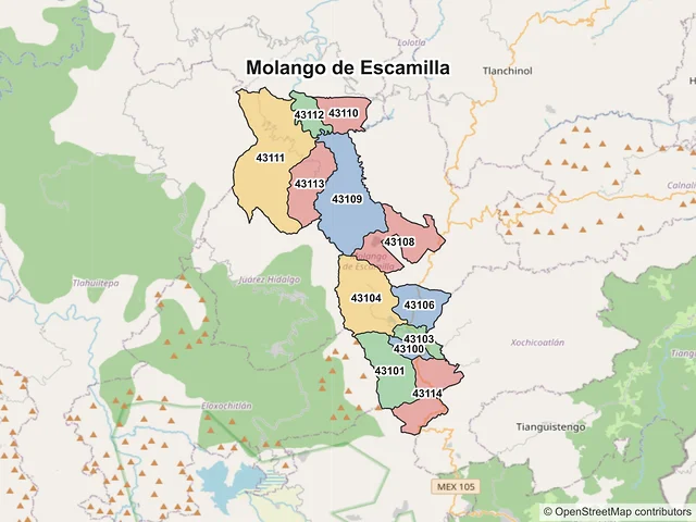 Mapa de códigos postales de Molango de Escamilla, Hidalgo