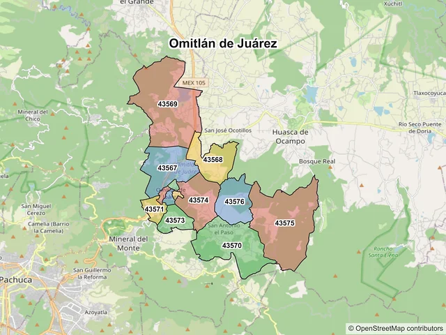 Mapa de códigos postales de Omitlán de Juárez, Hidalgo