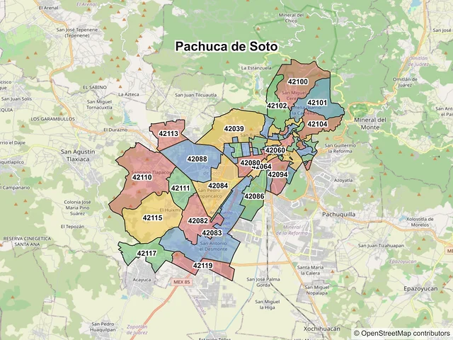 Mapa de códigos postales de Pachuca de Soto, Hidalgo