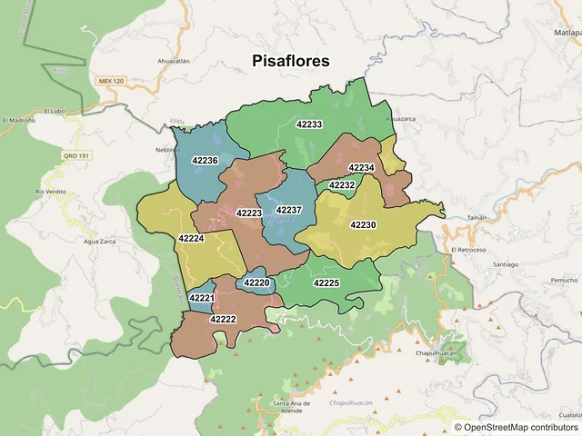 Mapa de códigos postales de Pisaflores, Hidalgo