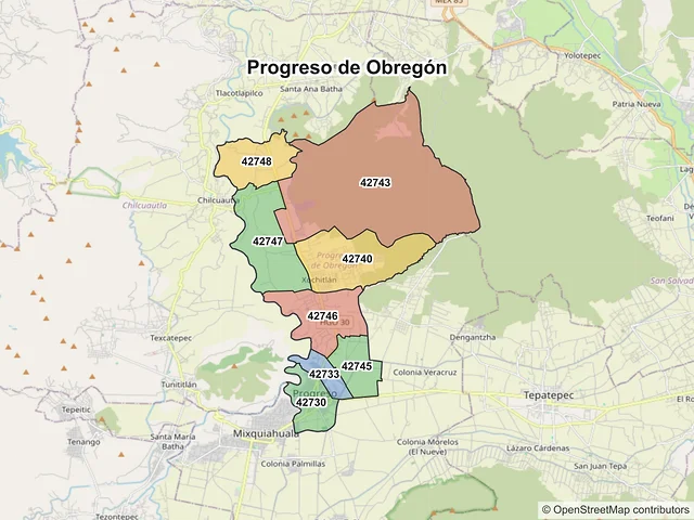 Mapa de códigos postales de Progreso de Obregón, Hidalgo