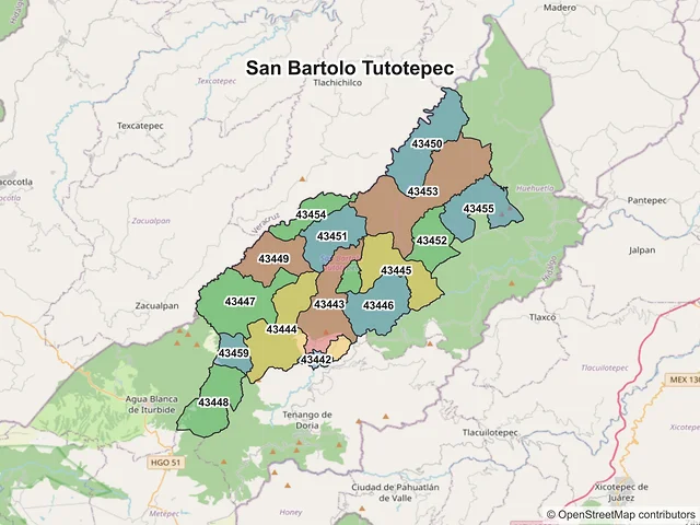 Mapa de códigos postales de San Bartolo Tutotepec, Hidalgo