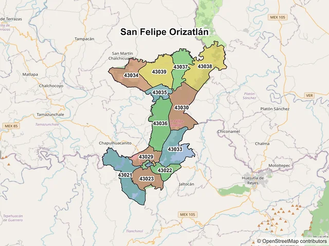 Mapa de códigos postales de San Felipe Orizatlán, Hidalgo
