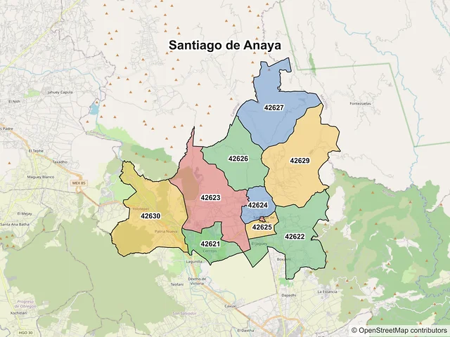 Mapa de códigos postales de Santiago de Anaya, Hidalgo