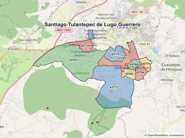 Mapa de códigos postales de Santiago Tulantepec de Lugo Guerrero, Hidalgo