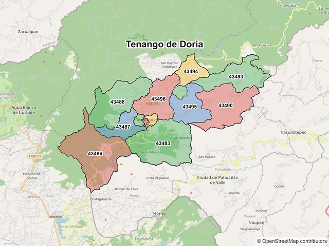 Mapa de códigos postales de Tenango de Doria, Hidalgo