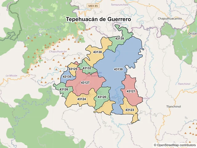 Mapa de códigos postales de Tepehuacán de Guerrero, Hidalgo